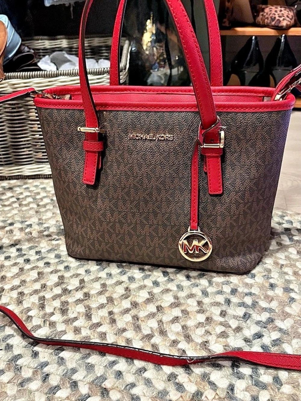 Michael Kors Jet Set Travel Small Logo Top-Zip Tote Bag Brown & Red